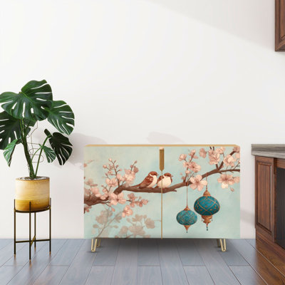 Sideboard Buffet Cabinet with Storage Elegant Cherry Blossom Branch Birds Lantern Decorative Vase Light Blue with 2 Doors for Living Room and Kitchen