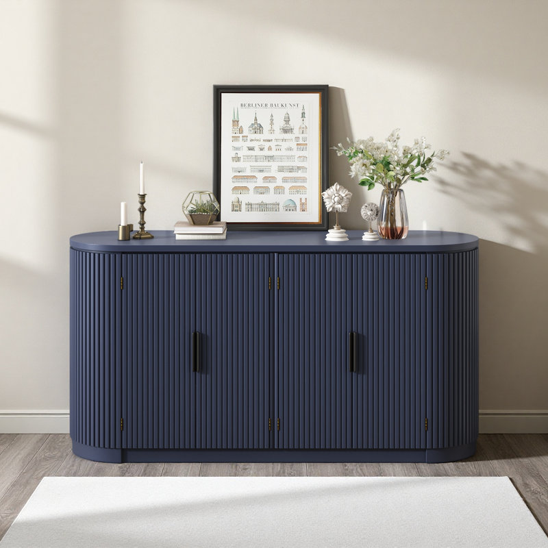 Vertical Striped Door Storage Cabinet With Metal Handles, Adjustable, Suitable For Study, Entryway And Living Room, Blue