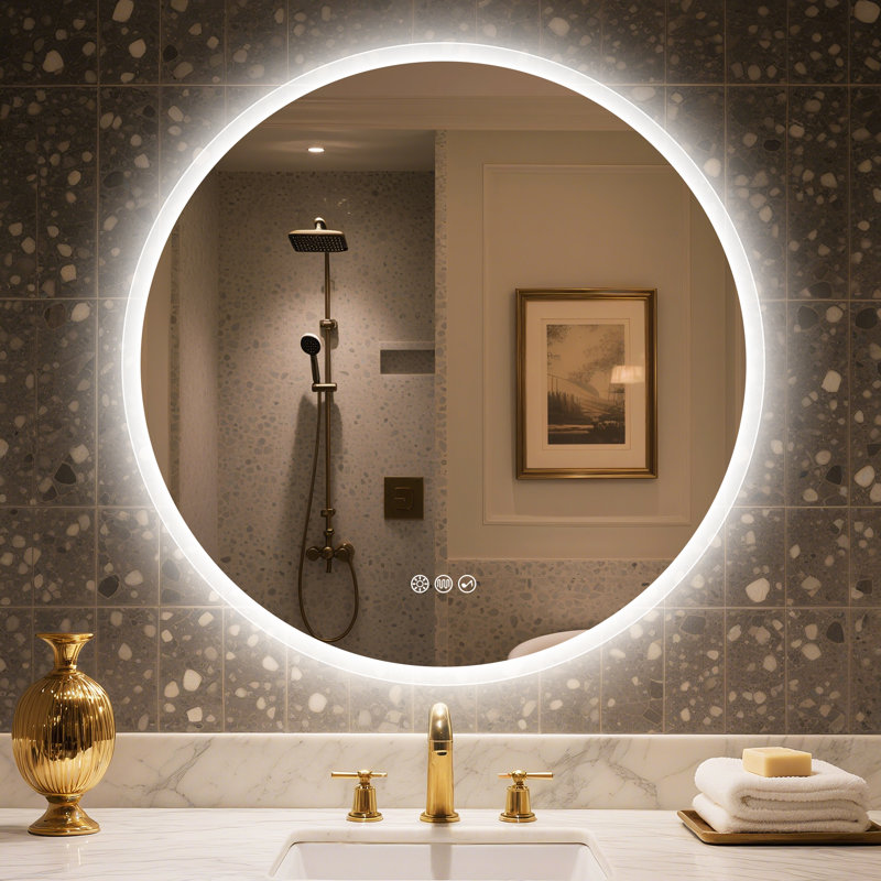 Miroir de salle de bain rond avec lumières, désembuage, Bluetooth, à intensité variable, 27,5 po x 27,5 po