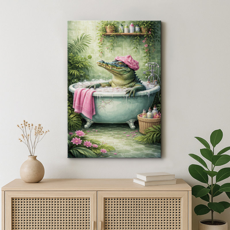 «Spa Bathroom Crocodile Relaxing Bathaign», reproduction d'art sur toile encadrée, impression sur toile, Toile tendue
