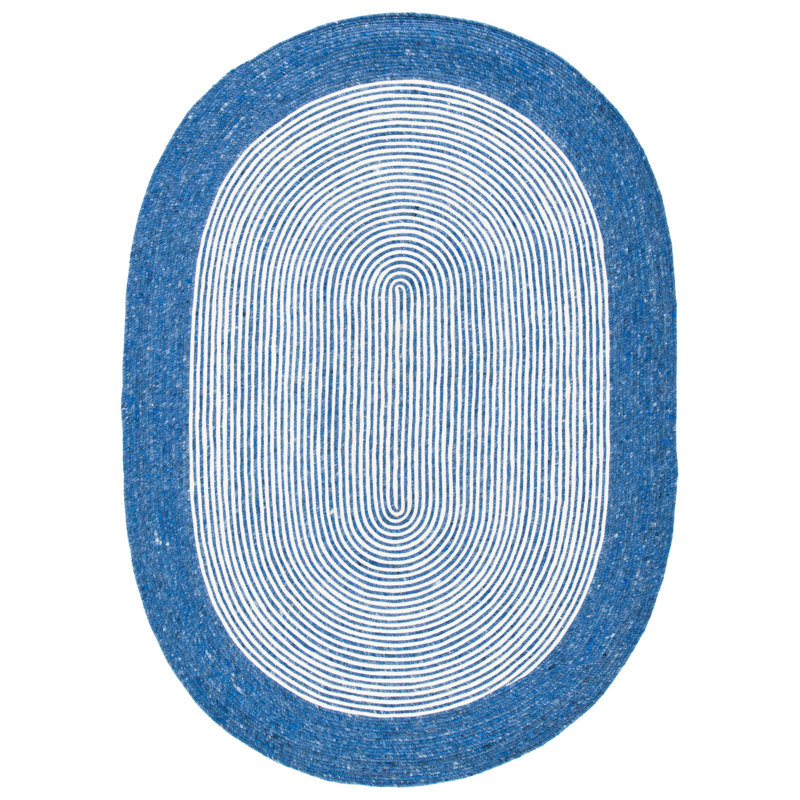 Braided Hand Woven Wool/Cotton Abstract Rug in Navy/Ivory, Oval 5' x 7' 