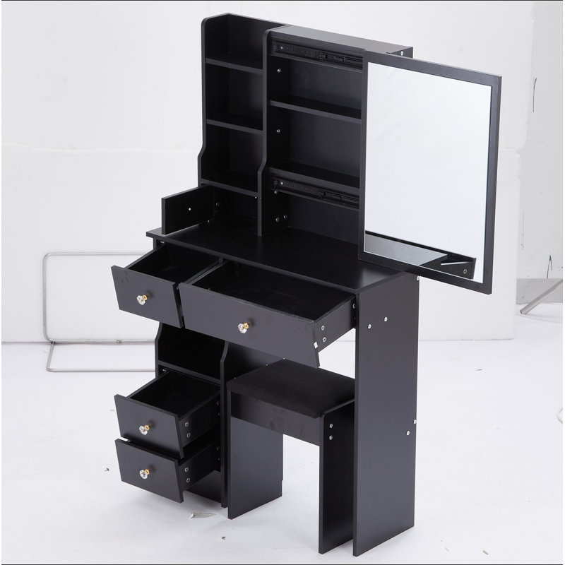 Petit meuble-lavabo de 29,2 po avec tabouret de bureau et tabouret rembourré, très grand miroir coulissant à droite, rangement multi-couches à grande capacité, commode pratique et pratique, convient aux petits espaces