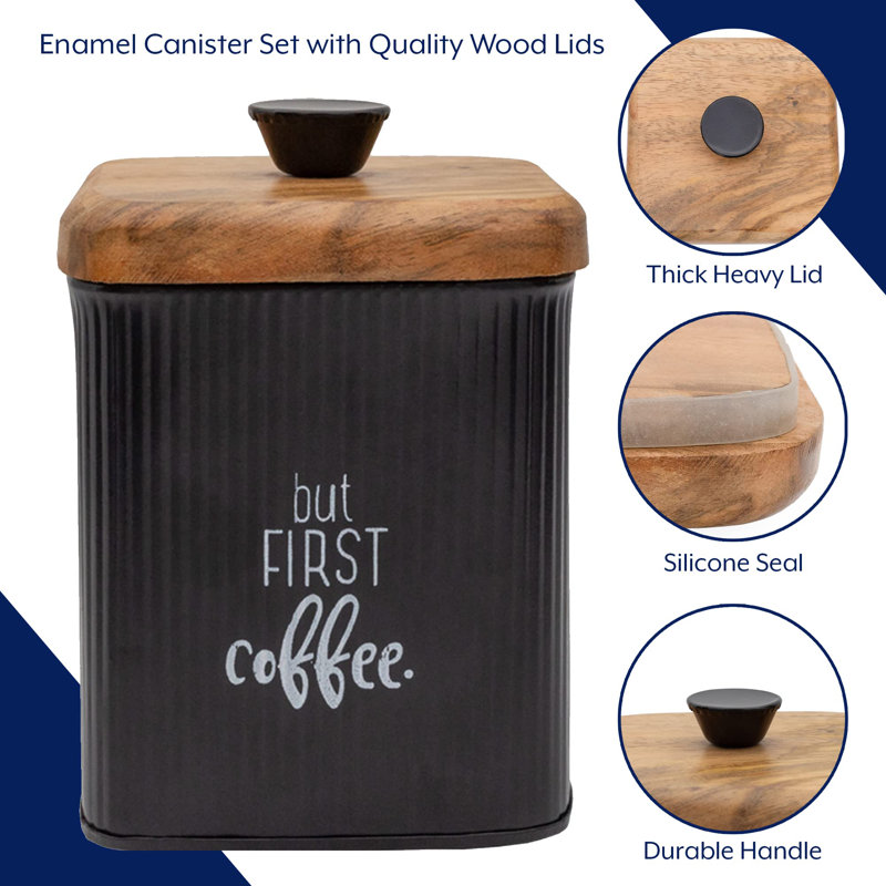 Farmhouse Black Enamelware Canisters (Set Of 3); Storage Containers For Coffee, Tea And Sugar In Black Enamel And Wood Design