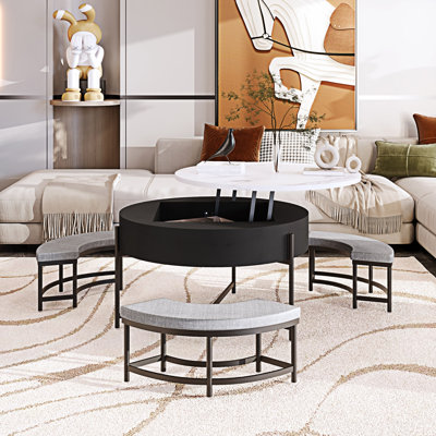 Round Lift-Top Coffee Table With Storage And Ottoman
