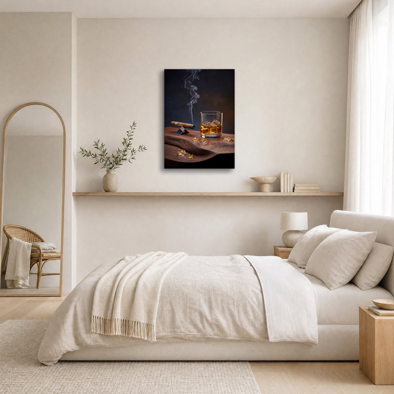Whisky avec glace et cigare sur toile, art mural, H 18 po x l 12 po