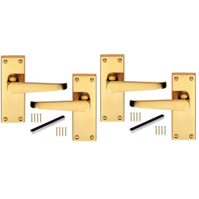  2 Pairs Victorian Straight Lever Latch Door Handles in Polished Brass Finish - 120mm x 40mm