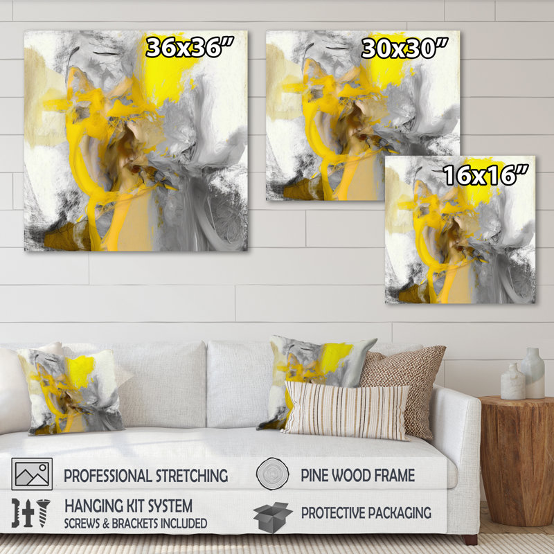 Moutarde jaune et gris vif I - décoration murale abstraite, H 30 po x l 30 po, Toile tendue, Sans cadre