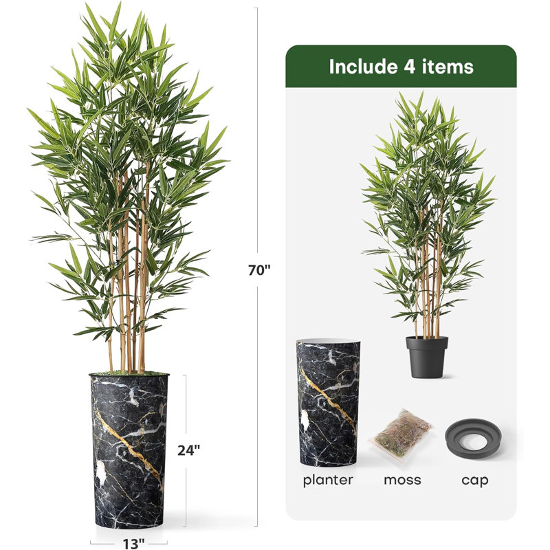 Artificial Tree in Contemporary Planter Fake Bamboo Silk Tree (Plant Pot Plus Tree), Granite Dark Grey