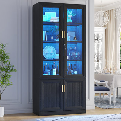 Armoire de bureau autoportante de 71 po de hauteur avec modes d'éclairage 3 couleurs et détecteur de mouvement, vitrine en verre avec tablettes réglables et serrure