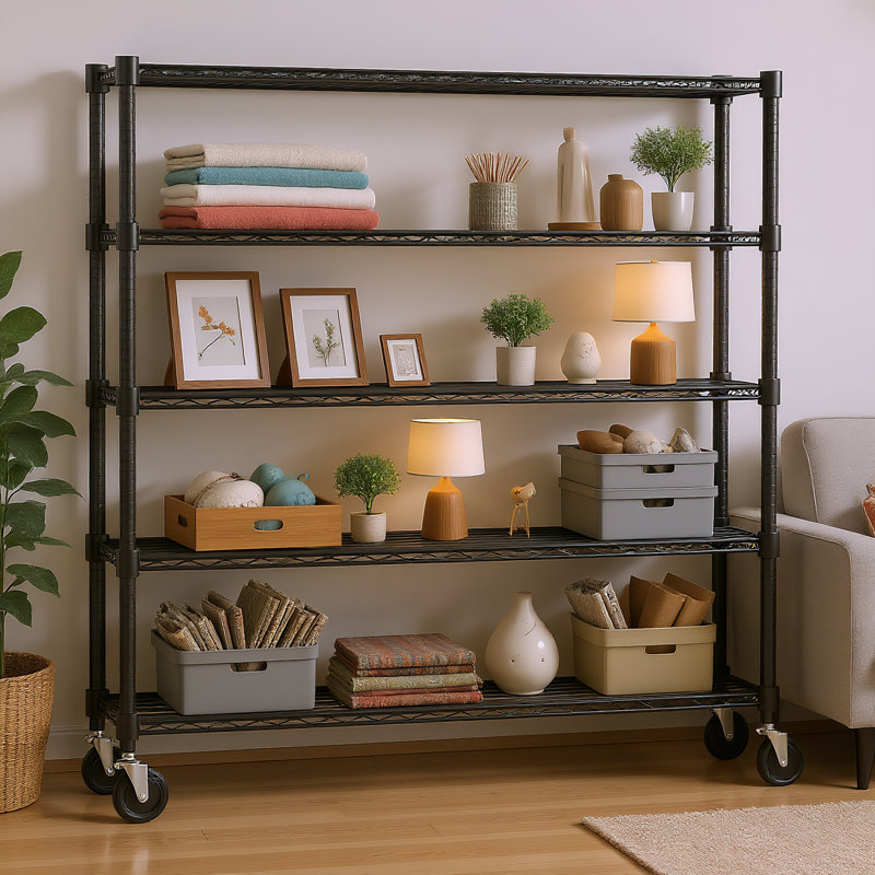Étagère robuste en fil de métal avec roulettes, capacité de 800 lb, support de rangement de garage réglable, Noir satiné