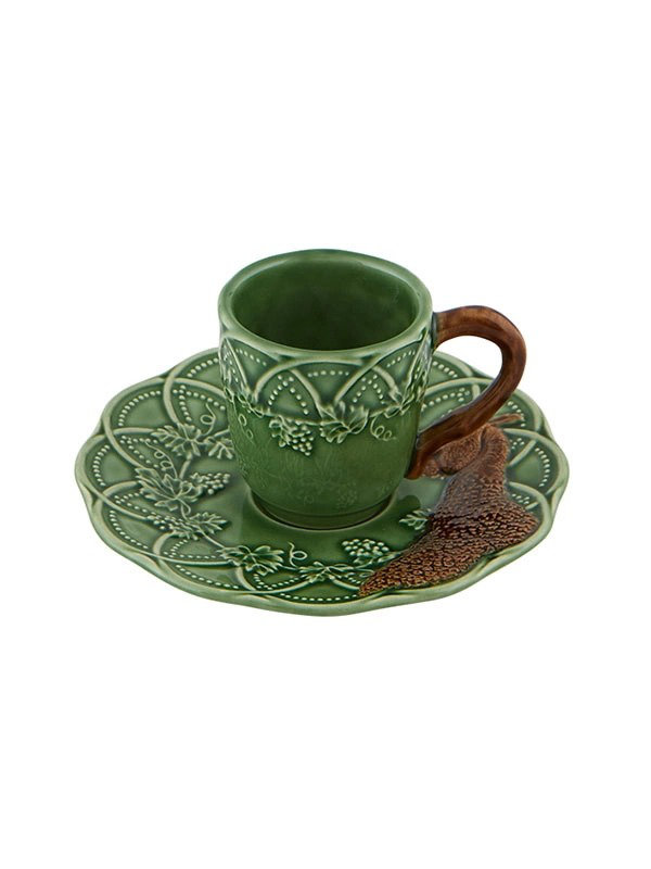 Bois, tasse à café et soucoupe faisan