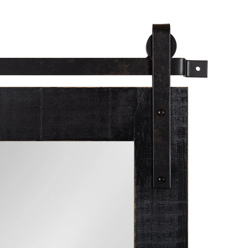Black Wood Rectangular Barn Door Mirror with Shelf