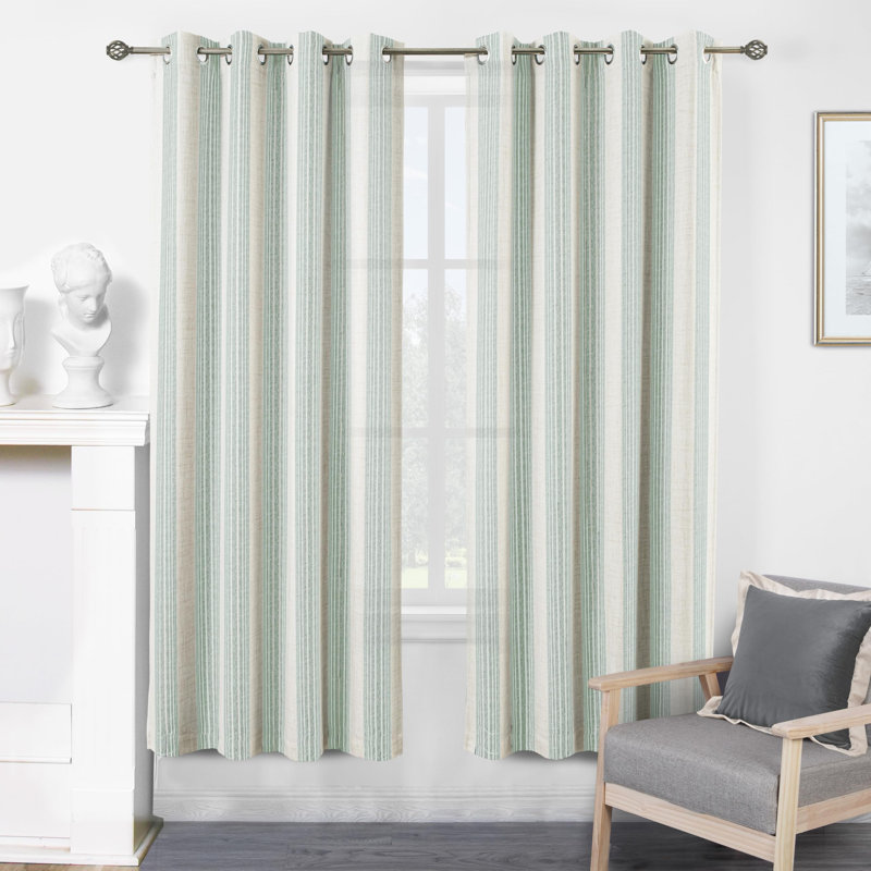 Rideaux semi-transparents en lin avec motif à rayures Chris, Vert, L 52 po x L 63 po
