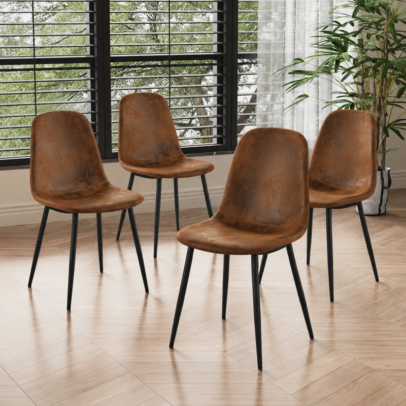 Mid-Century Modern Upholstered Dining Chairs with Sturdy Metal Legs (Set of 4), Black, 4, Brown Fabric
