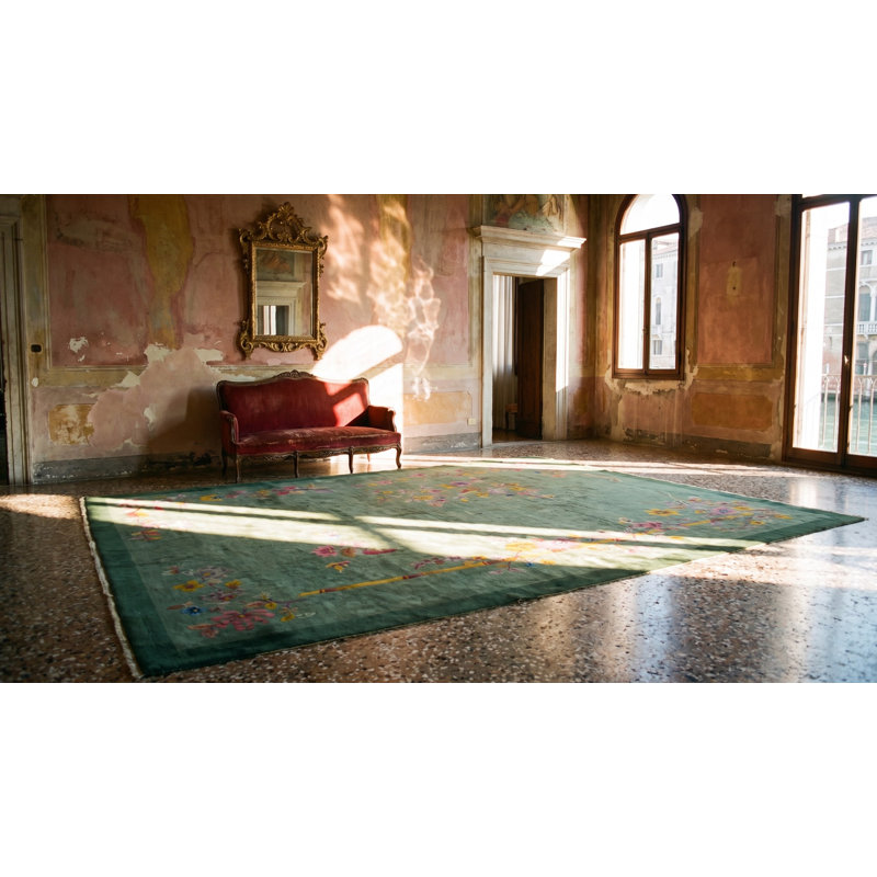 Antique Chinese Art Deco Floral Knotted Green Rug