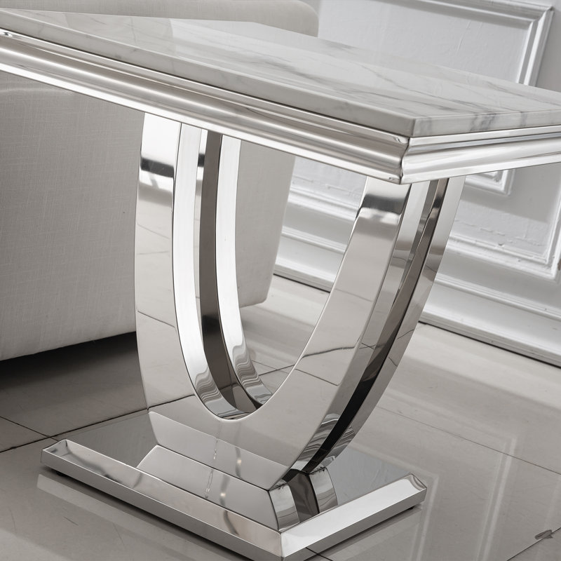 White Marble End Table, Modern Sofa Side Table with Mirrored Stainless Steel Base, Sqaure Faux Marble Accent End Table Bedside Table Nightstand for Living Room Bedroom Office