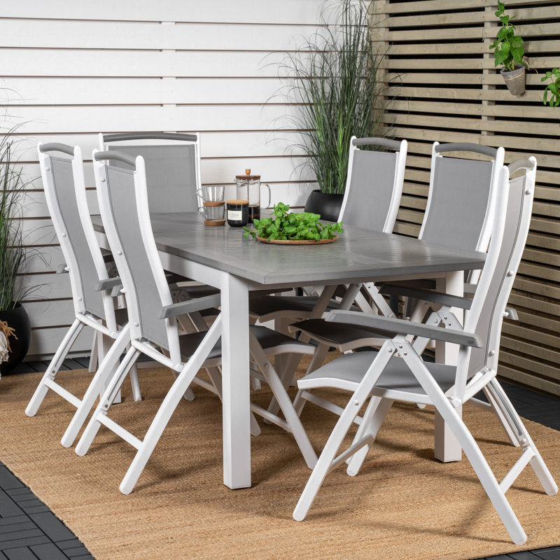 Jayesh 6 - Person Patio Dining Set with Extendable Rectangular Table, 75cm H x 160cm L x 90cm W, Grey/White
