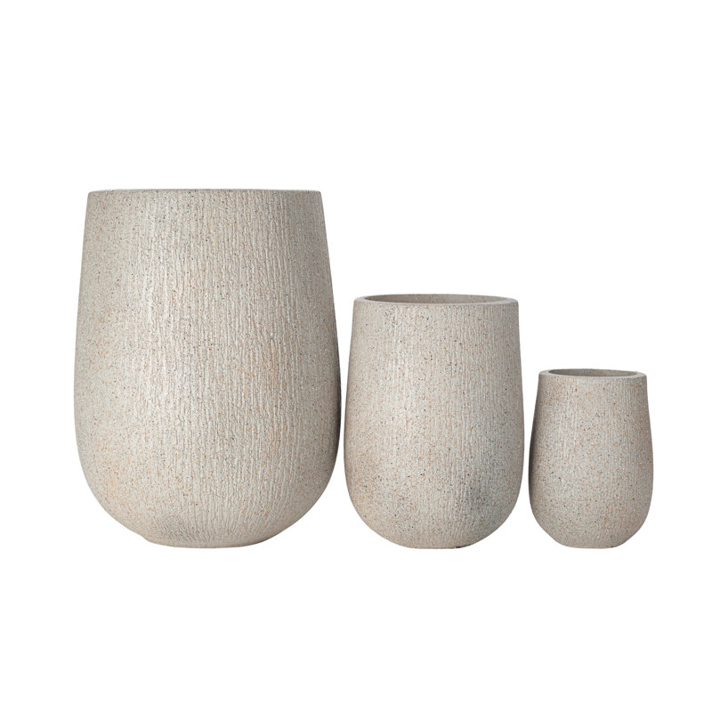 Egg-Shaped Lightweight Mgo Outdoor Planter Set Of 3,Modern Stone-Look Textured Flower Pots With Drainage Holes And Rubber Plug, Suitable For Patio, Garden, Poolside & Indoor