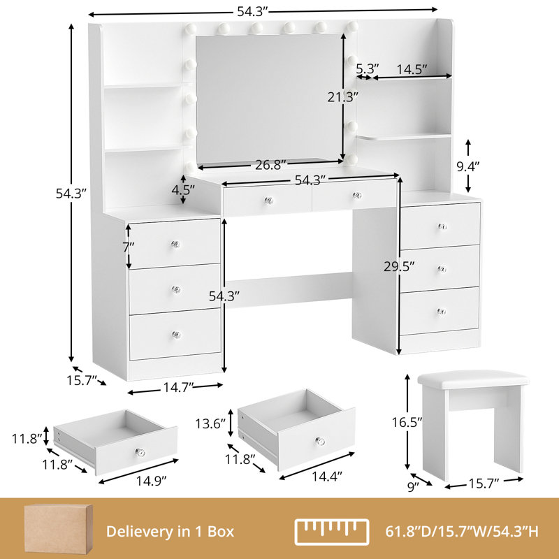 Greyden Zeibak Large Makeup Vanity With 8 Drawers, 14 Lighted Bulbs And Spacious Storage Space, White