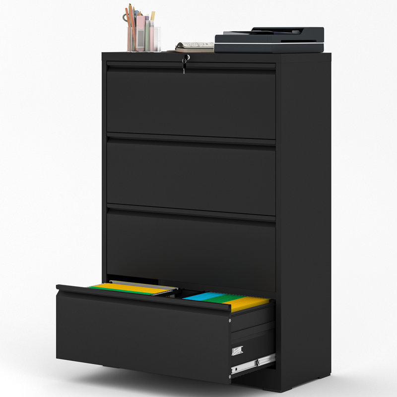 Abheek 4-Drawer Locking Metal Lateral File Cabinet – Heavy-Duty Home Office Filing Cabinets, Assembly Required, Fits Legal/Letter/A4/F4, Black