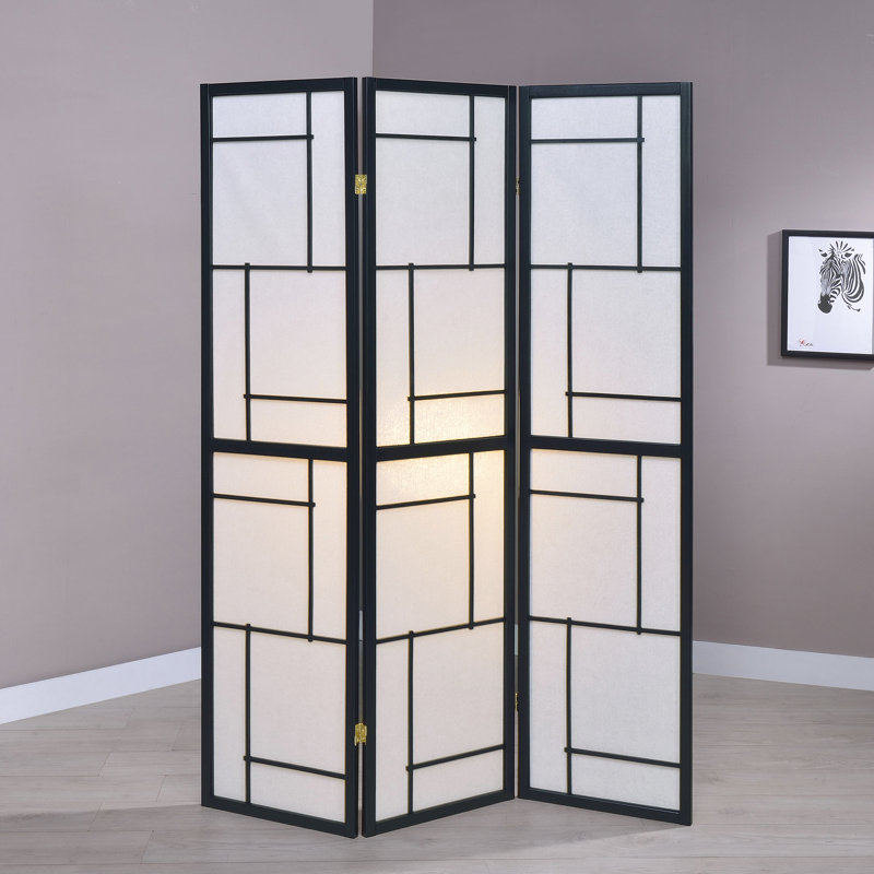 Paravent pliable noir à 3 panneaux, finition épurée, panneaux en papier blanc pour préserver l'intimité et diffuser la lumière, décor en bois d'hévéa - Design harmonieux