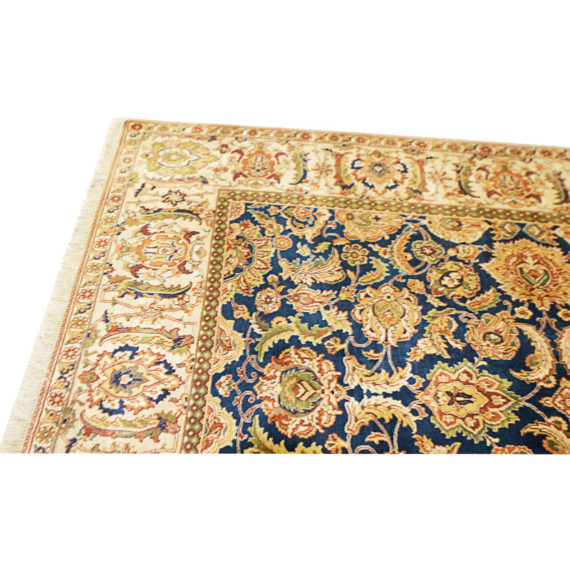 Hand Knotted Wool Area Rug in Blue And Cream