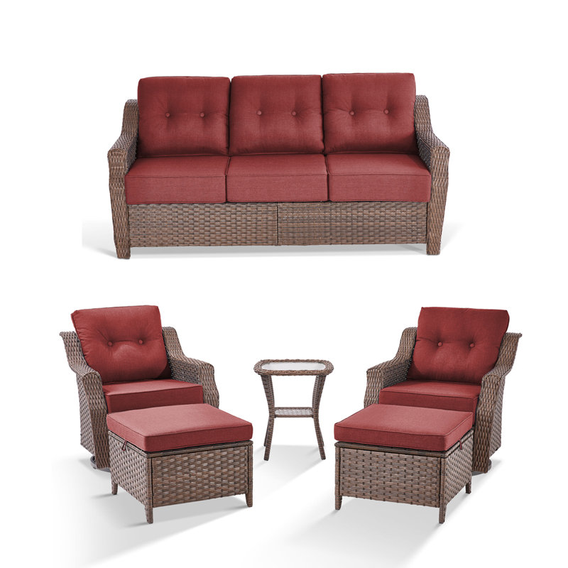 6 Piece Brown Wicker Patio Furniture with Cushions, Red