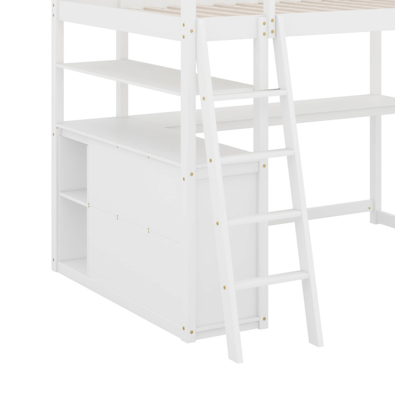 Lit mezzanine double avec bureau et tablettes, deux tiroirs intégrés, Blanc