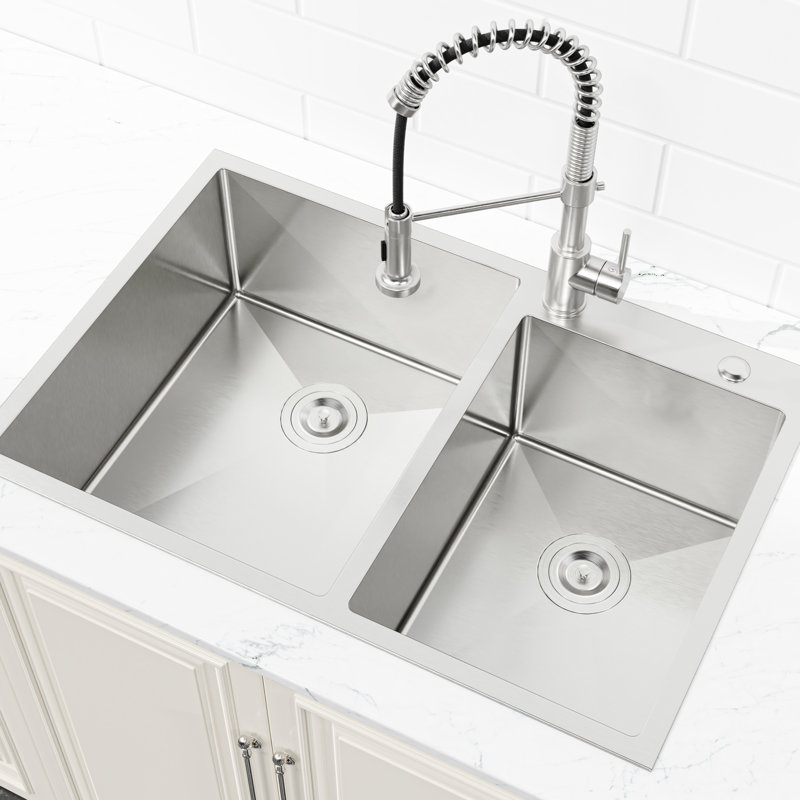 Modern 33"X19" Double Bowl Sink - Stainless Steel, Overmount, Easy Finish Steel With Advanced Sound Absorbing Technology