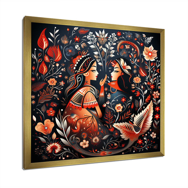 Art indien, Rajasthani Folklore Tales I - Art mural indien, Cadre doré simple, H 30 po x l 30 po x P 1,5 po