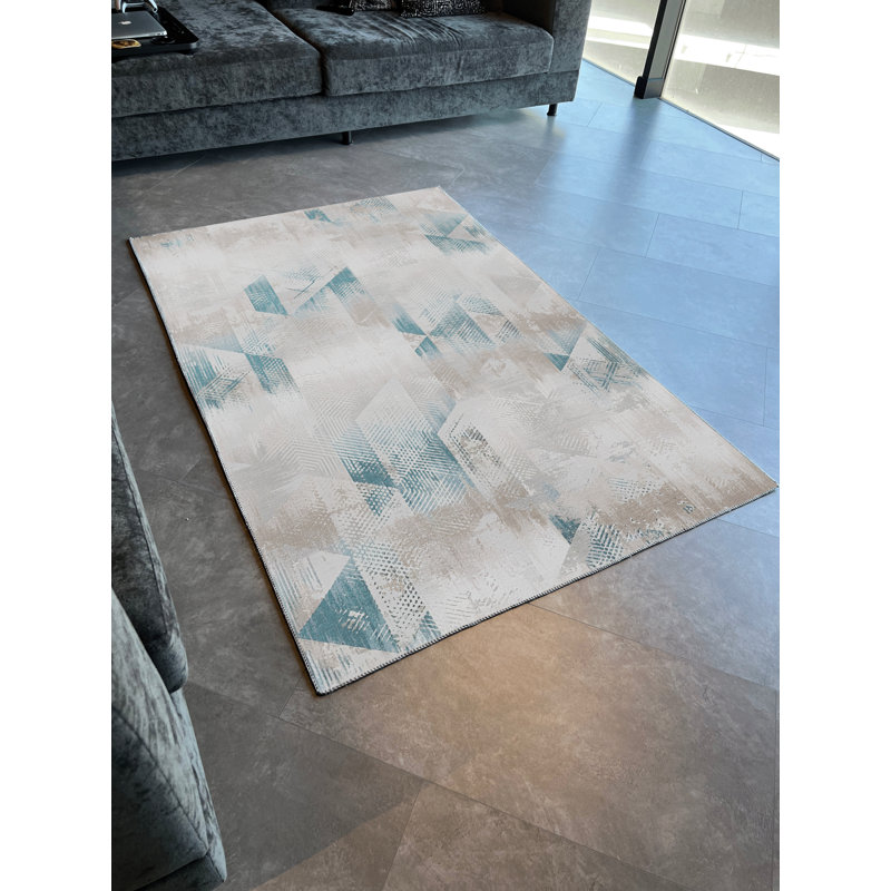 Tapis décoratif moderne à motif géométrique beige et bleu, Rectangle 4 pi 7,12 po x 6 pi 6,74 po