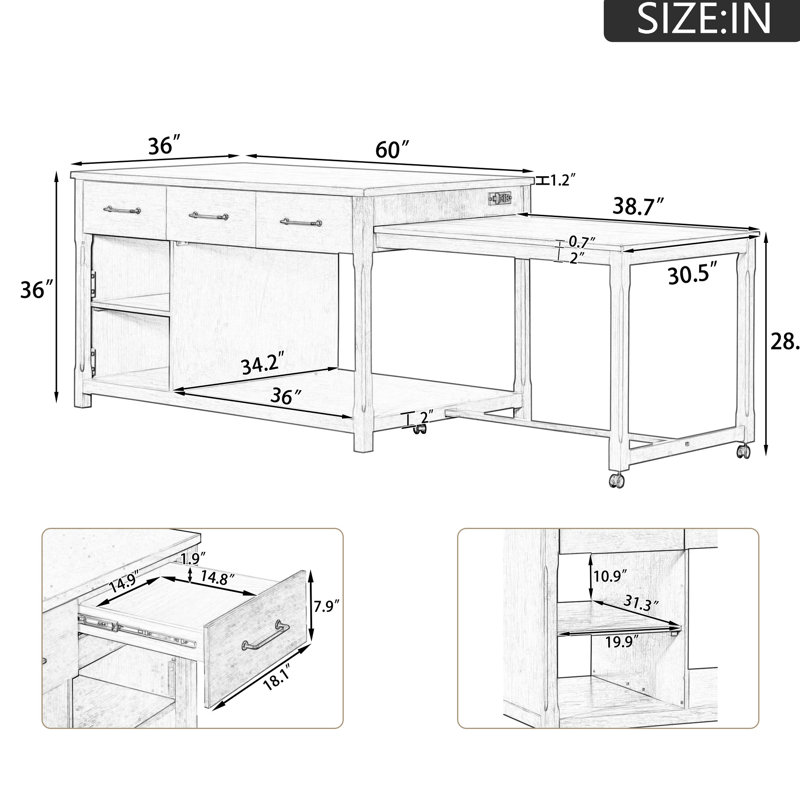 Îlot de cuisine gris. Comptoir extensible avec rangement, prises électriques intégrées pour une cuisine moderne, Gris