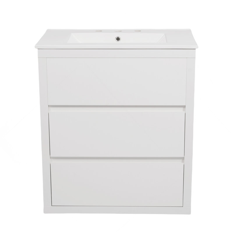 Meuble-lavabo 30 po avec lavabo en céramique et 2 tiroirs pleine extension, meuble-lavabo autoportant avec poignée libre à 45 °, glissières de tiroir à fermeture en douceur, blanc