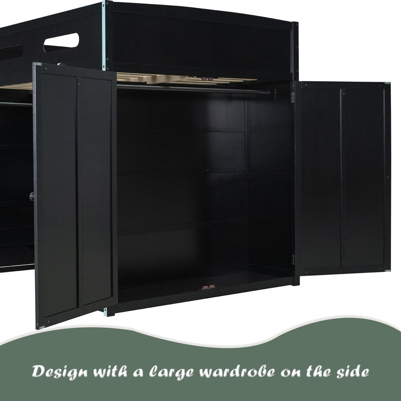 Full Size Wood Loft Bed With Desk,Wardrobe,Ample Storage Space,And RGB LED Light, Blue