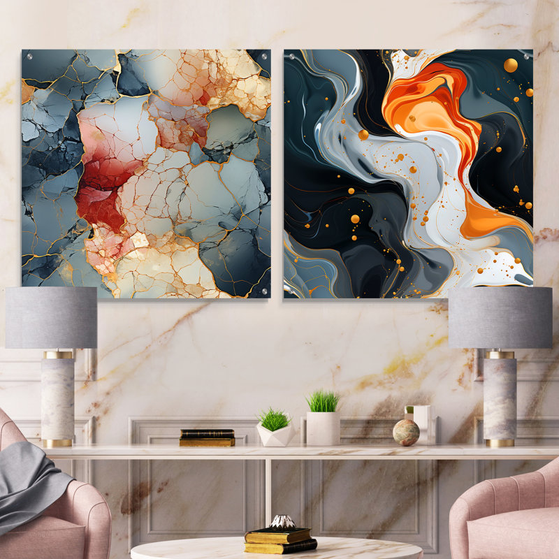 Lamorteau - Ensemble de 2 peintures murales abstraites en acrylique sur verre marbré, H 36 po x l 73 po