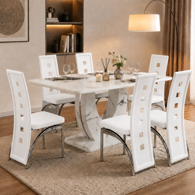 Contemporary 7-Piece Rectangular Faux Marble Pedestal Table Dining Set with Faux Leather Chairs