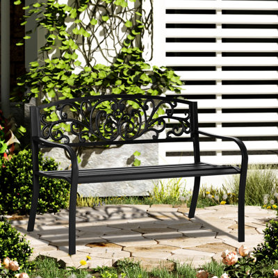 Banc de siège d'extérieur de 50 po. Banc de jardin en métal à motif floral noir. Porche à lattes, cour, pelouse. Détente pour 2 jours de plaisir. Assemblage rapide au dos, 2 membres de la famille et les amis. Facile requis