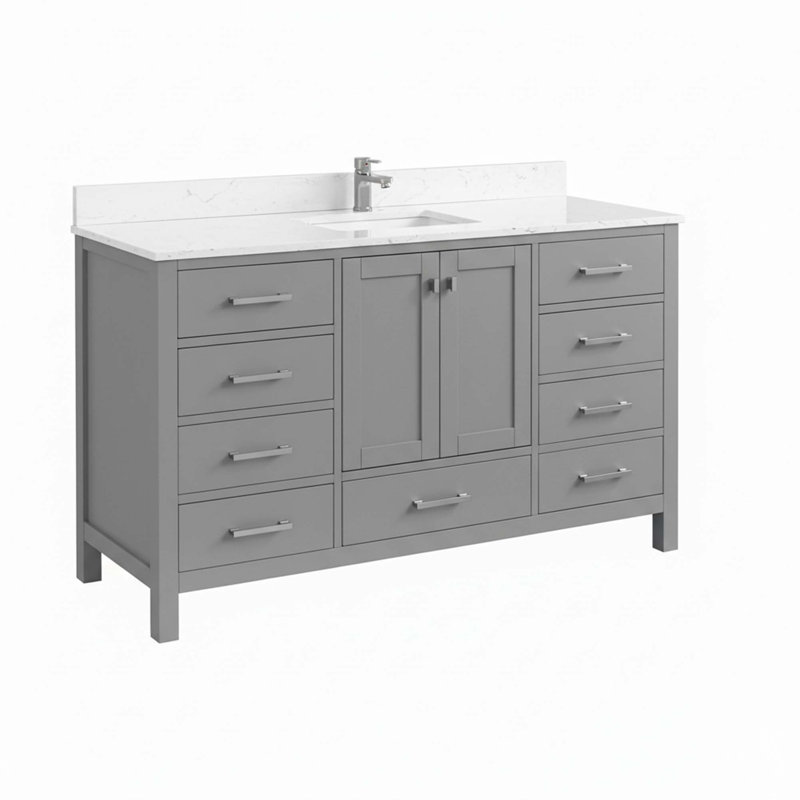 Meuble-lavabo autoportant moderne avec structure en bois massif et lavabo intégré, Gris