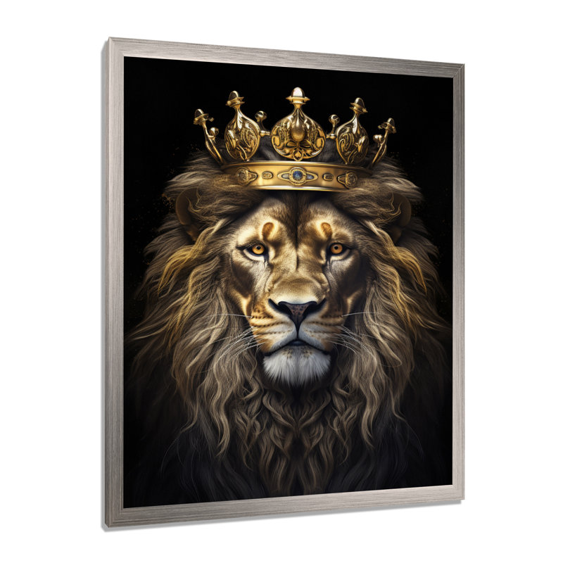 Majestic lion royal avec couronne d'or I - impressions sur toile de lion, H 32 po x l 24 po x P 1 po, Cadre simple argenté