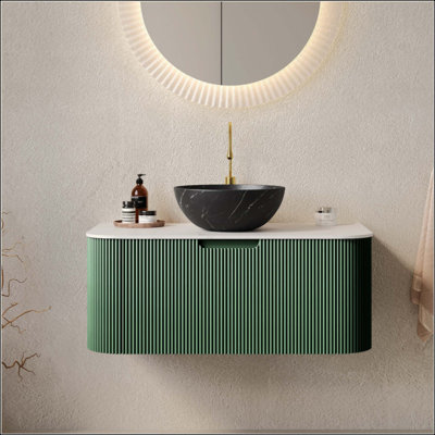 Meuble-lavabo de salle de bain, armoire de salle de bain en contreplaqué rayé à bordures flottantes avec tiroir, vasque en céramique et plateau en pierre frittée, pré-assemblé