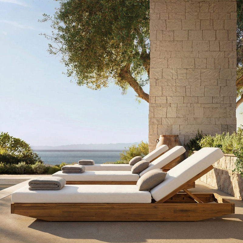 DaPrato Modern Coastal Acacia Wood Adjustable Chaise Lounge With Cushions, Cream