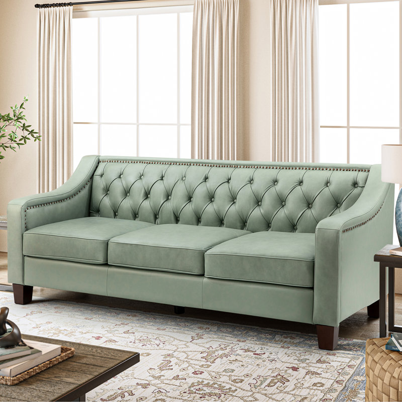 Bethea 81.28" Genuine Leather 3-Seat Sofa with Tufted Back, Sage Genuine Leather