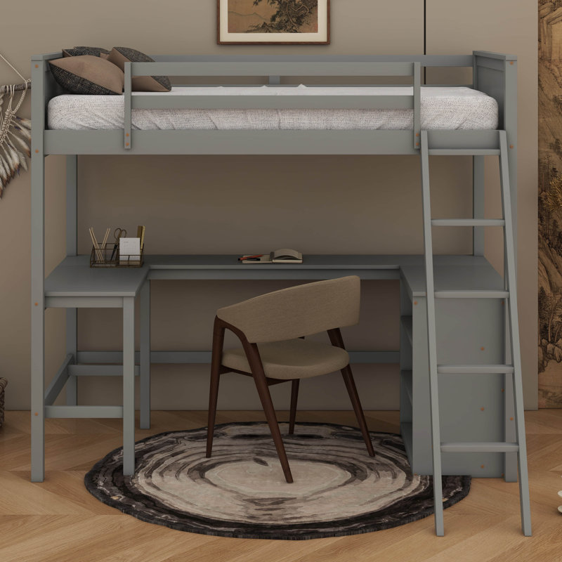 Lit mezzanine avec tablettes, bureau, Gris, Lit simple