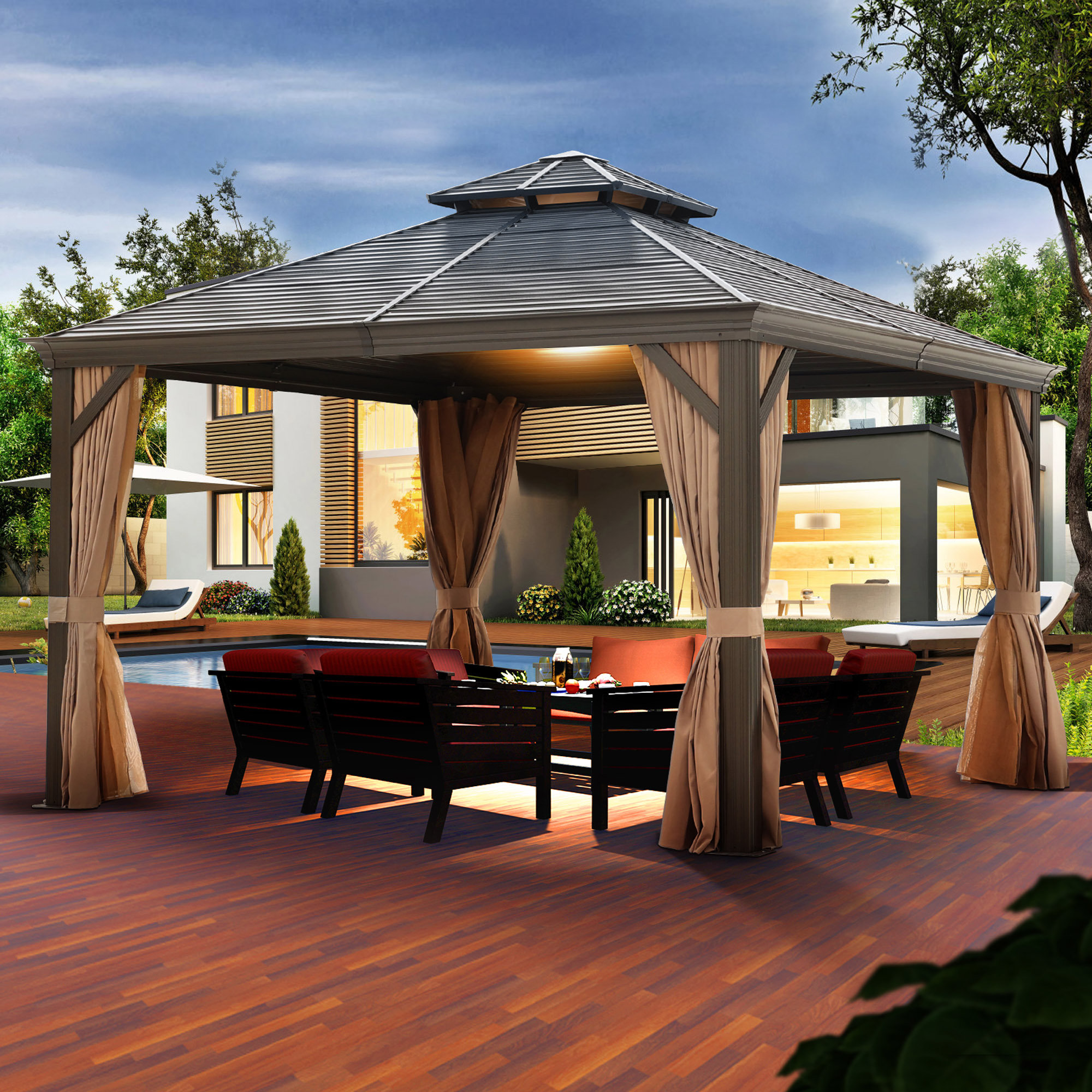 Arlmont & Co. 12X12ft Galvanized Steel Gazebos With Netting & Curtains