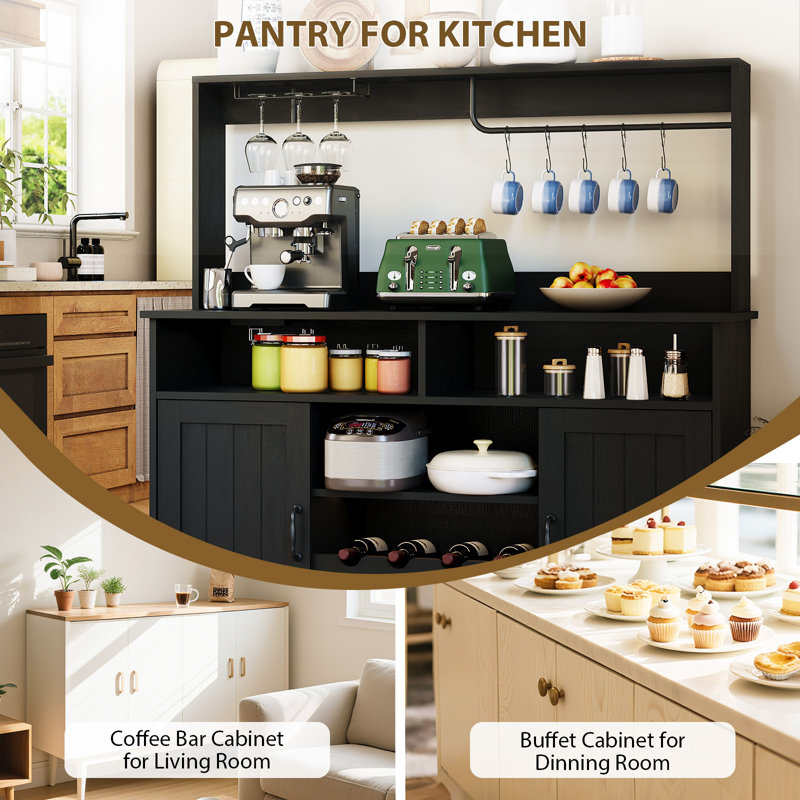 Farmhouse Coffee Bar Cabinet with Wine Rack, 47'' Coffee Bar Station with Power Outlet, Goblet Holder, 5 Hooks, Black