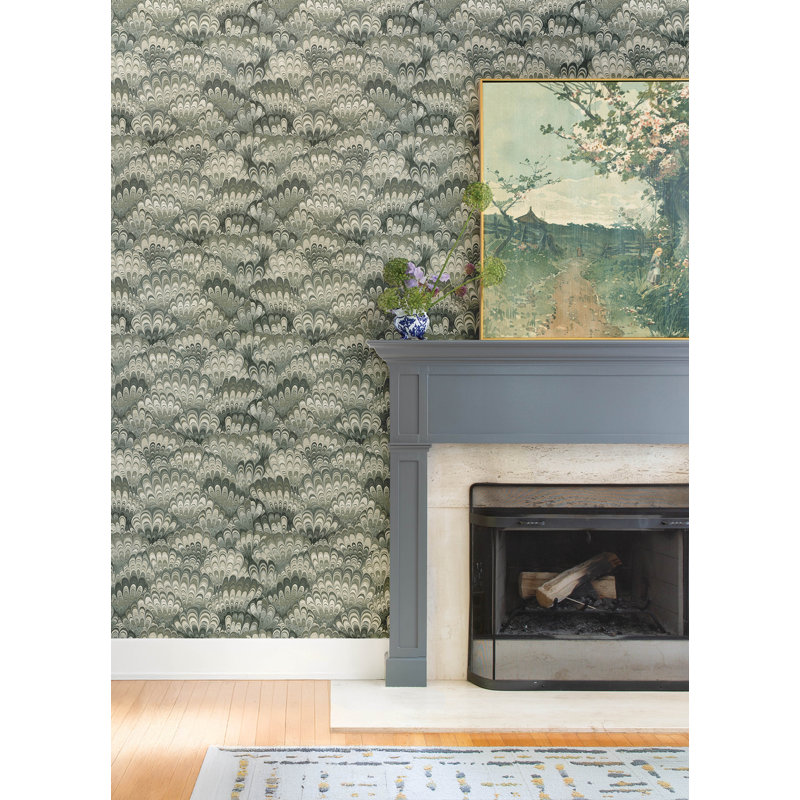 Octavia Dark Green Marbled Ink Wallpaper, Green