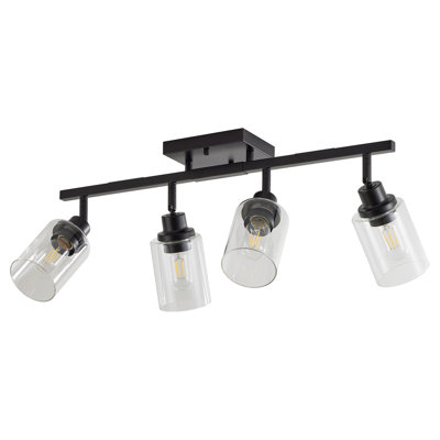 Plafonnier semi-encastré noir moderne à 4 spots avec abat-jour en verre transparent, orientable et mural, idéal pour la cuisine, le corridor ou la chambre (ampoule non incluse).