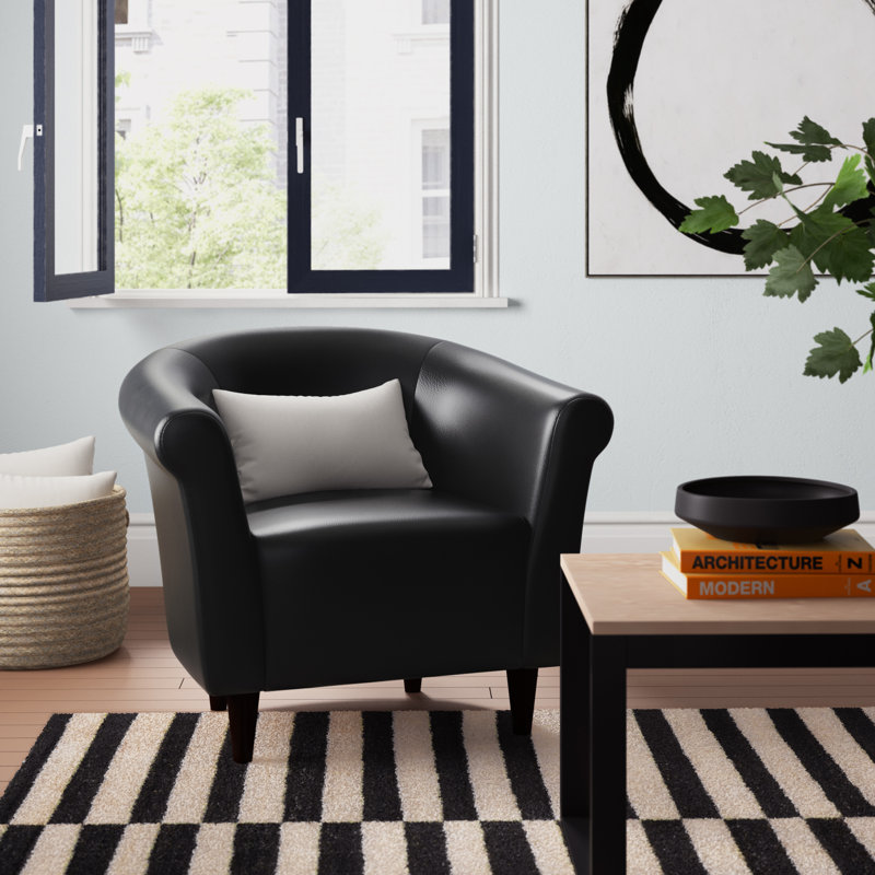 Liam Faux Leather Barrel Chair, Black Faux Leather
