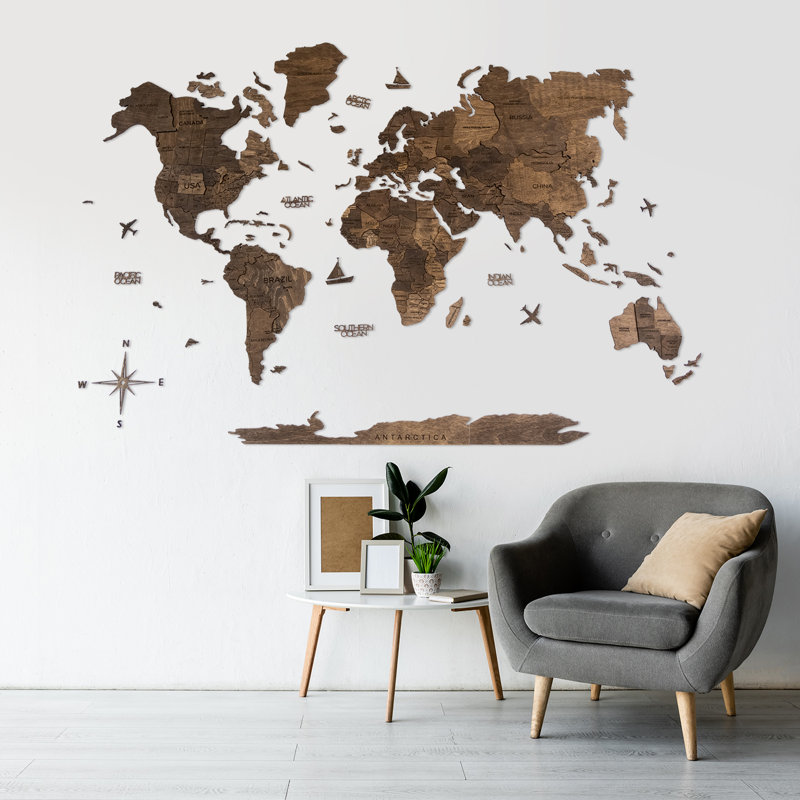 3D Wooden World Map Dark Walnut