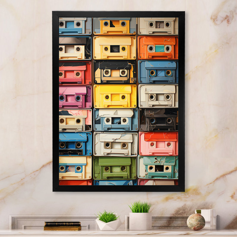 Art mural rétro sur toile, Pop Art Cassette, Popart Cassette Tapes X, H 20 po x l 12 po x P 1 po, Cadre photo noir